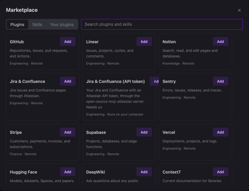 The Marketplace listing GitHub, Linear, Notion, Jira and Confluence, Sentry, Stripe, and more
